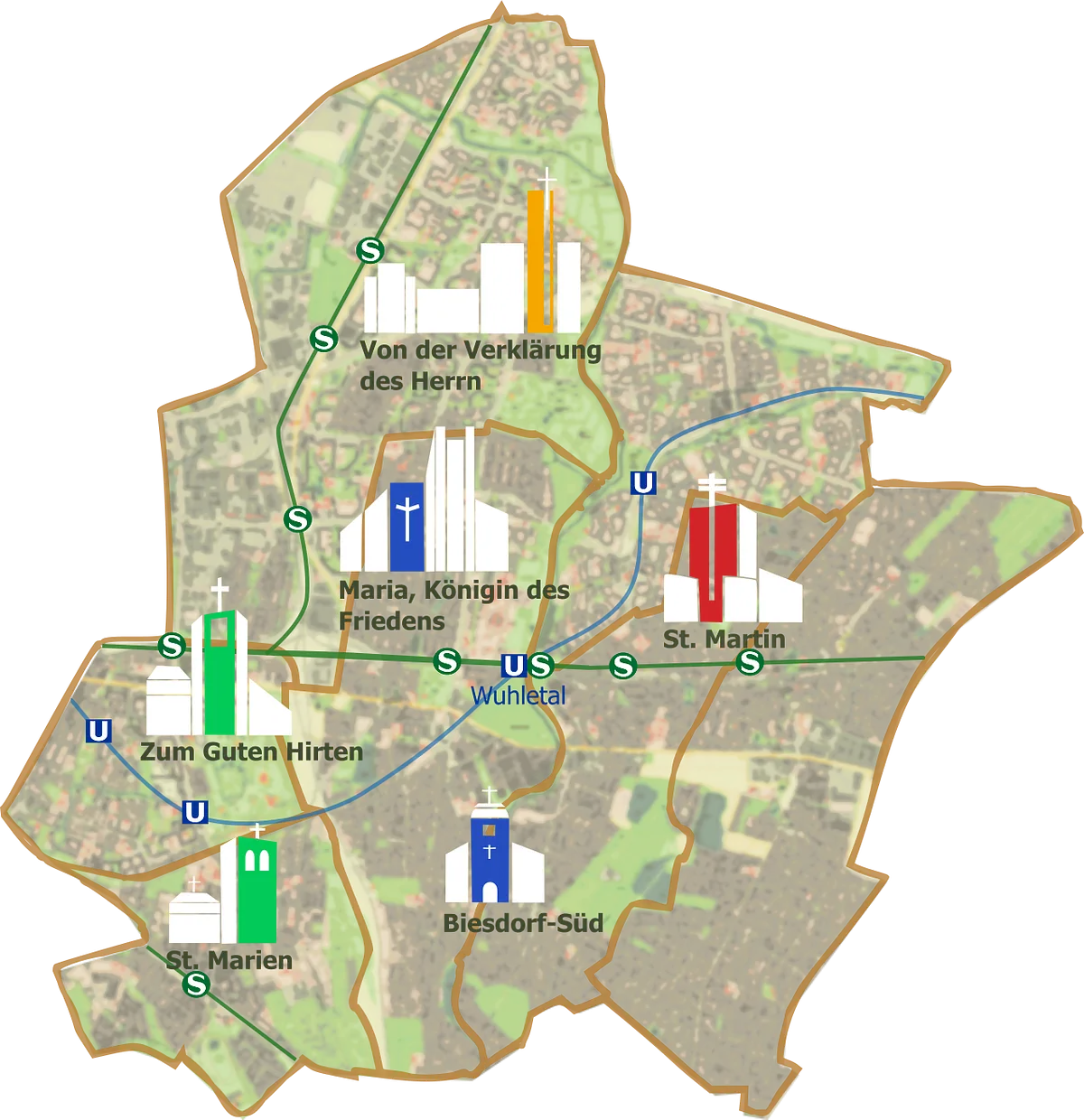 Karte der Pfarrei mit Kirchenstandorten