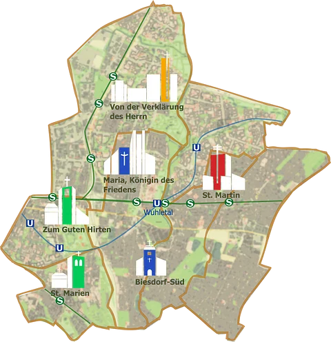 Karte der Pfarrei mit Kirchenstandorten